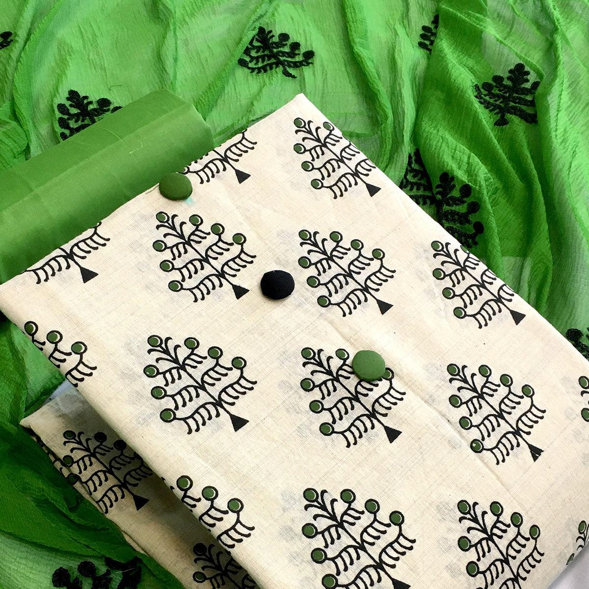 OffWhite - Green Casual Wear Printed Cotton Dress Material - Peachmode