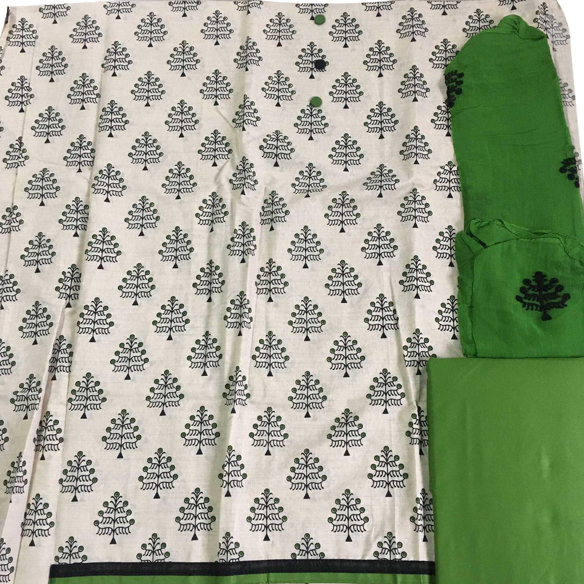 OffWhite - Green Casual Wear Printed Cotton Dress Material - Peachmode