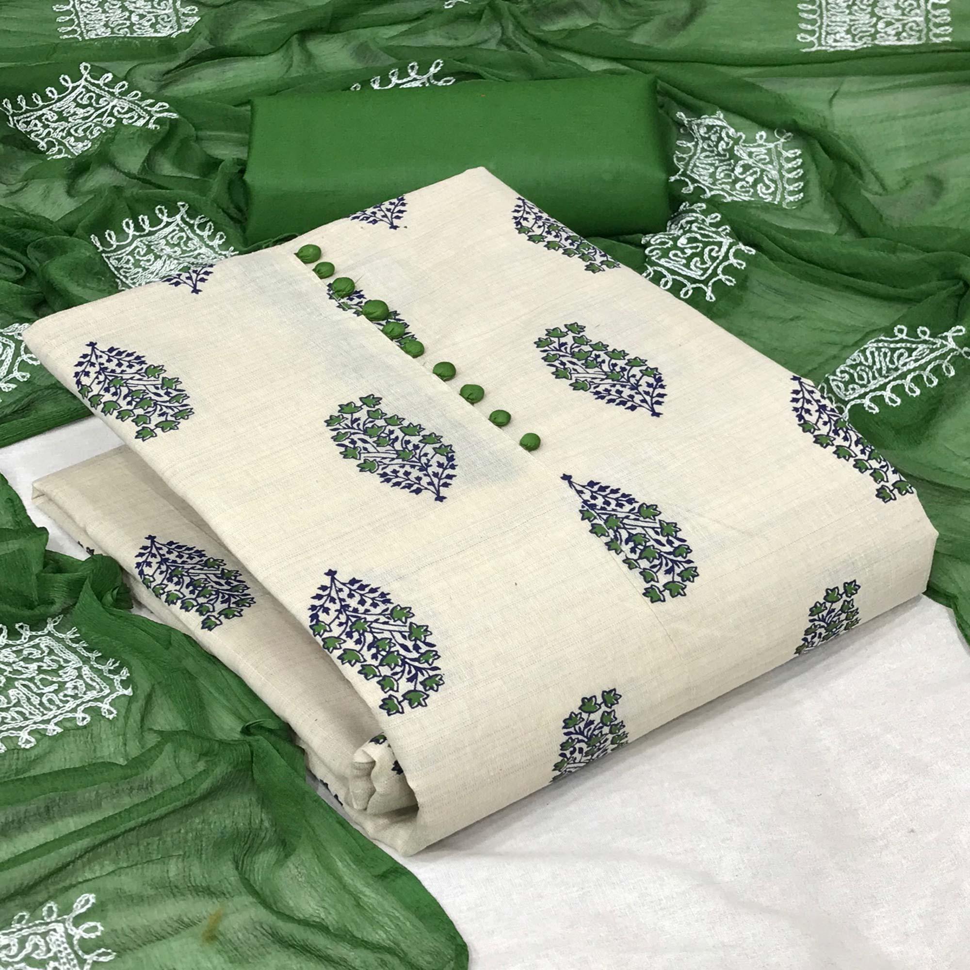 OffWhite - Green Floral Printed Khadi Dress Material - Peachmode