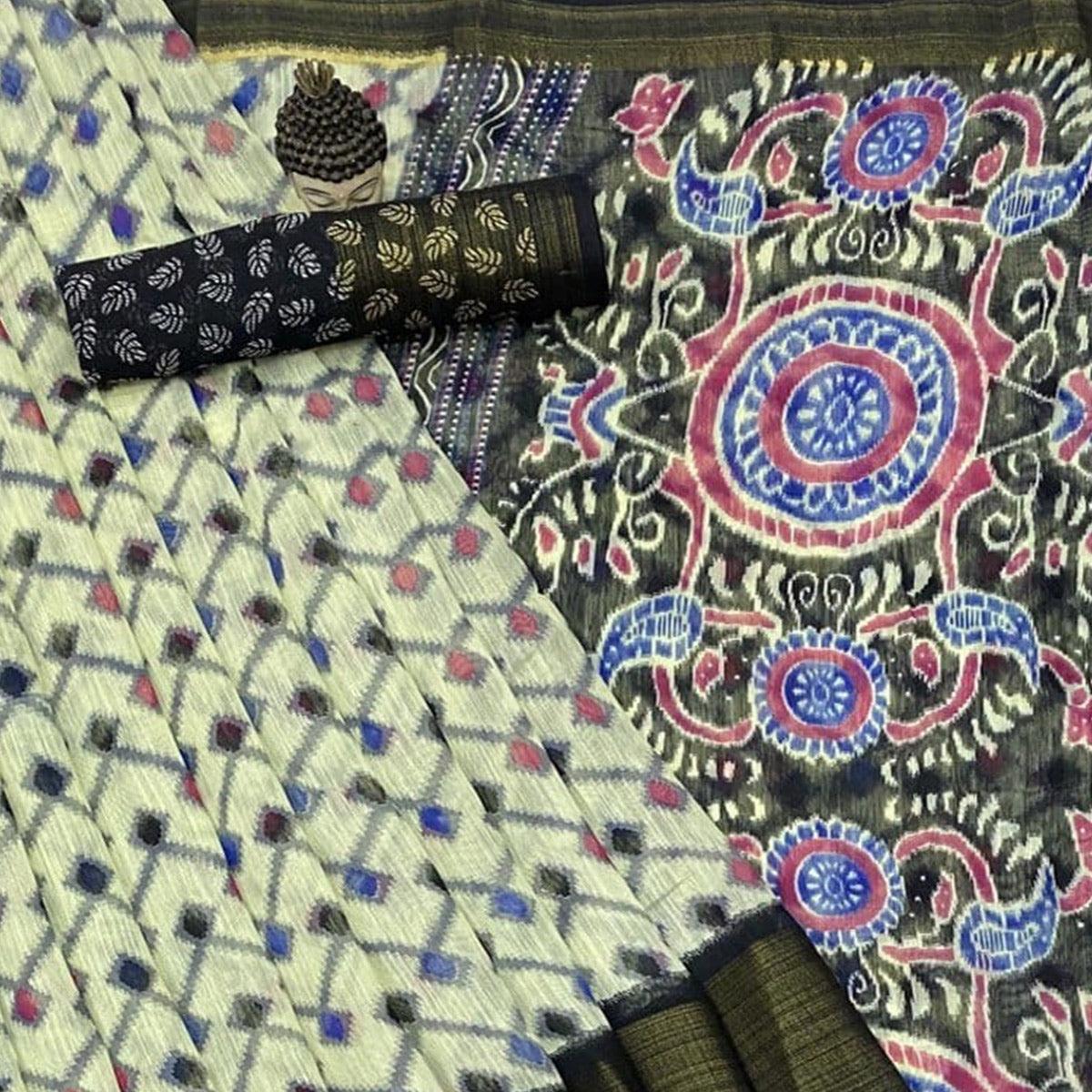 Offwhite Ikkat Printed Poly Cotton Saree - Peachmode