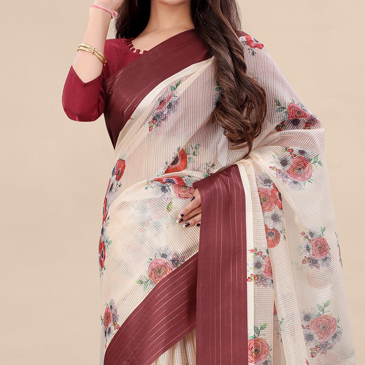 Offwhite - Maroon Casual Wear Floral Digital Printed Silk Saree With Woven Border - Peachmode
