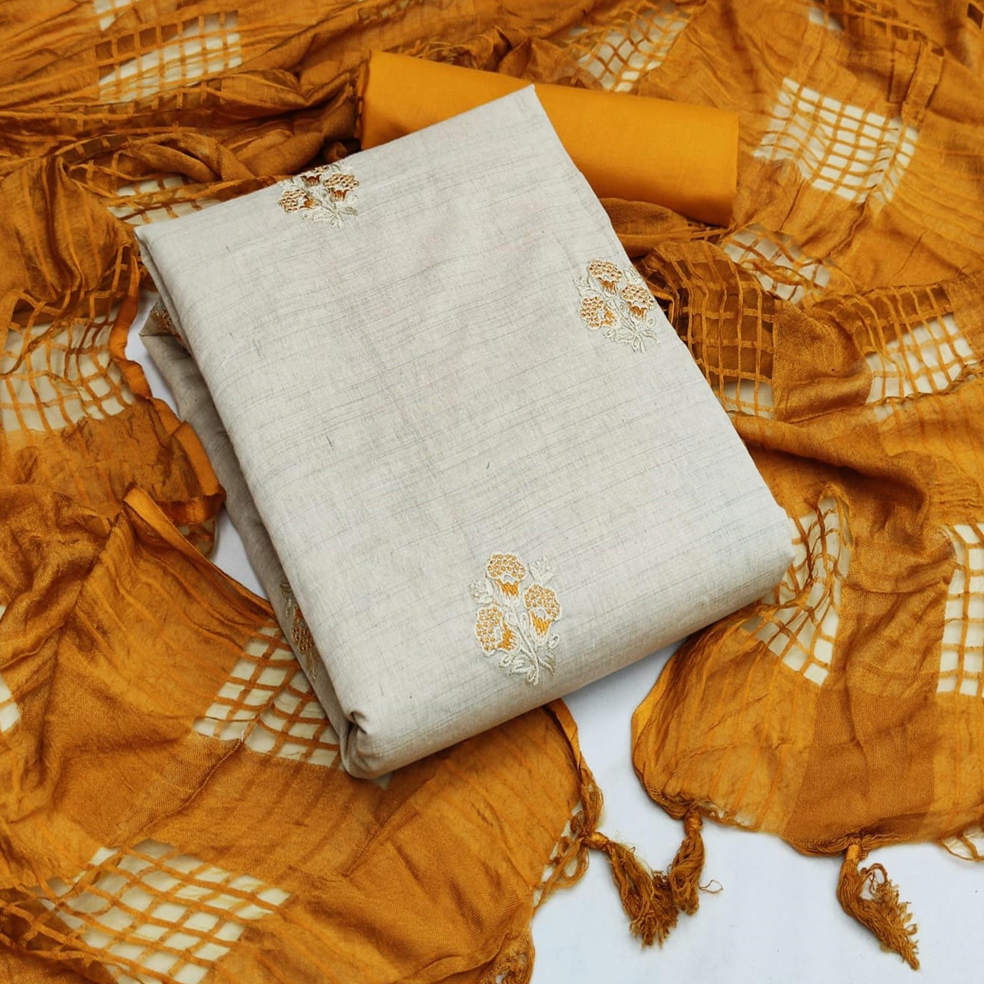Offwhite - Mustard Casual Wear Embroidered Cotton Dress Material - Peachmode