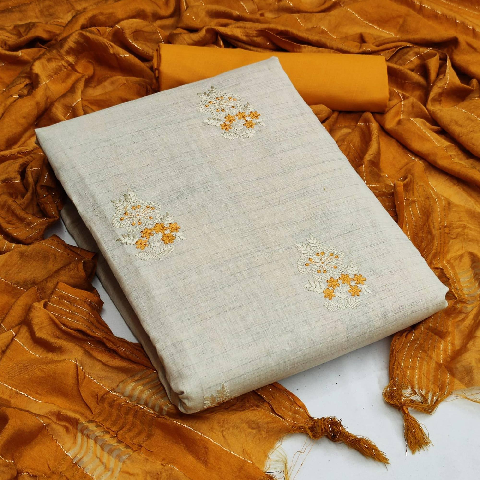 Offwhite - Mustard Casual Wear Embroidered Cotton Dress Material - Peachmode