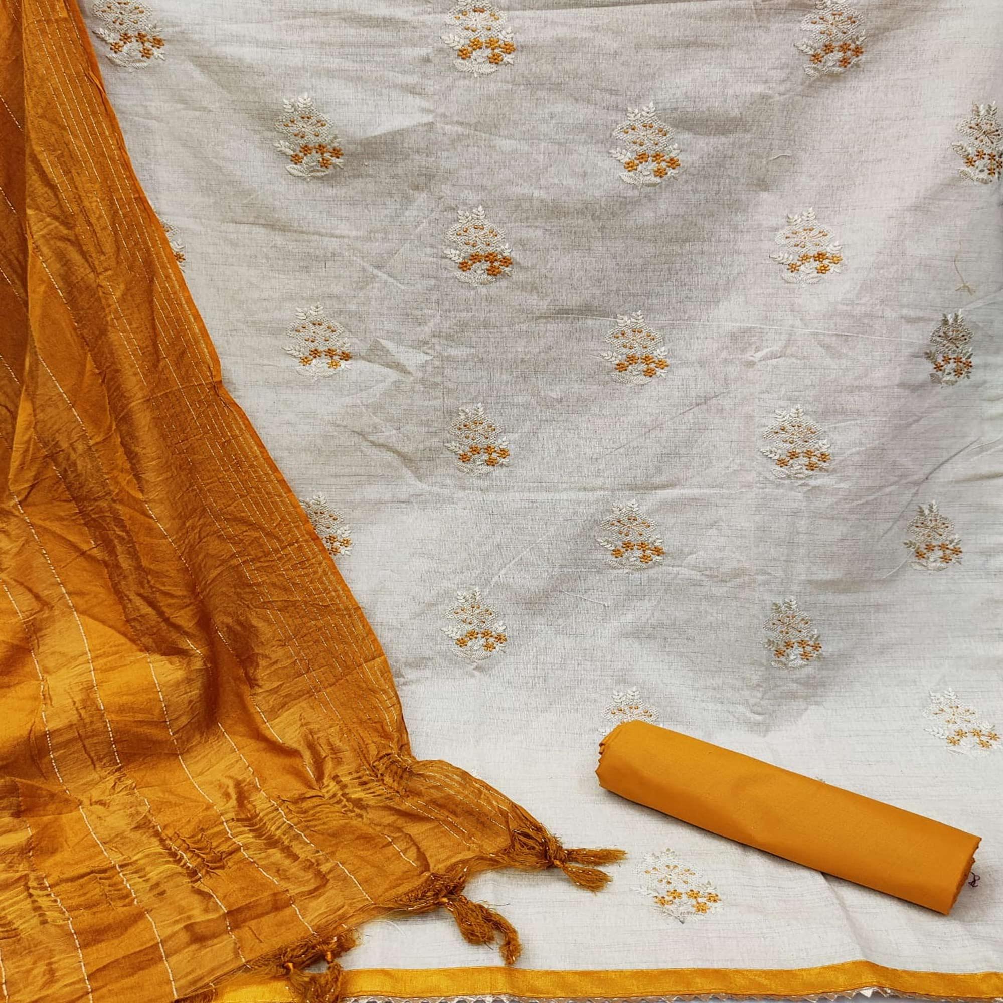 Offwhite - Mustard Casual Wear Embroidered Cotton Dress Material - Peachmode
