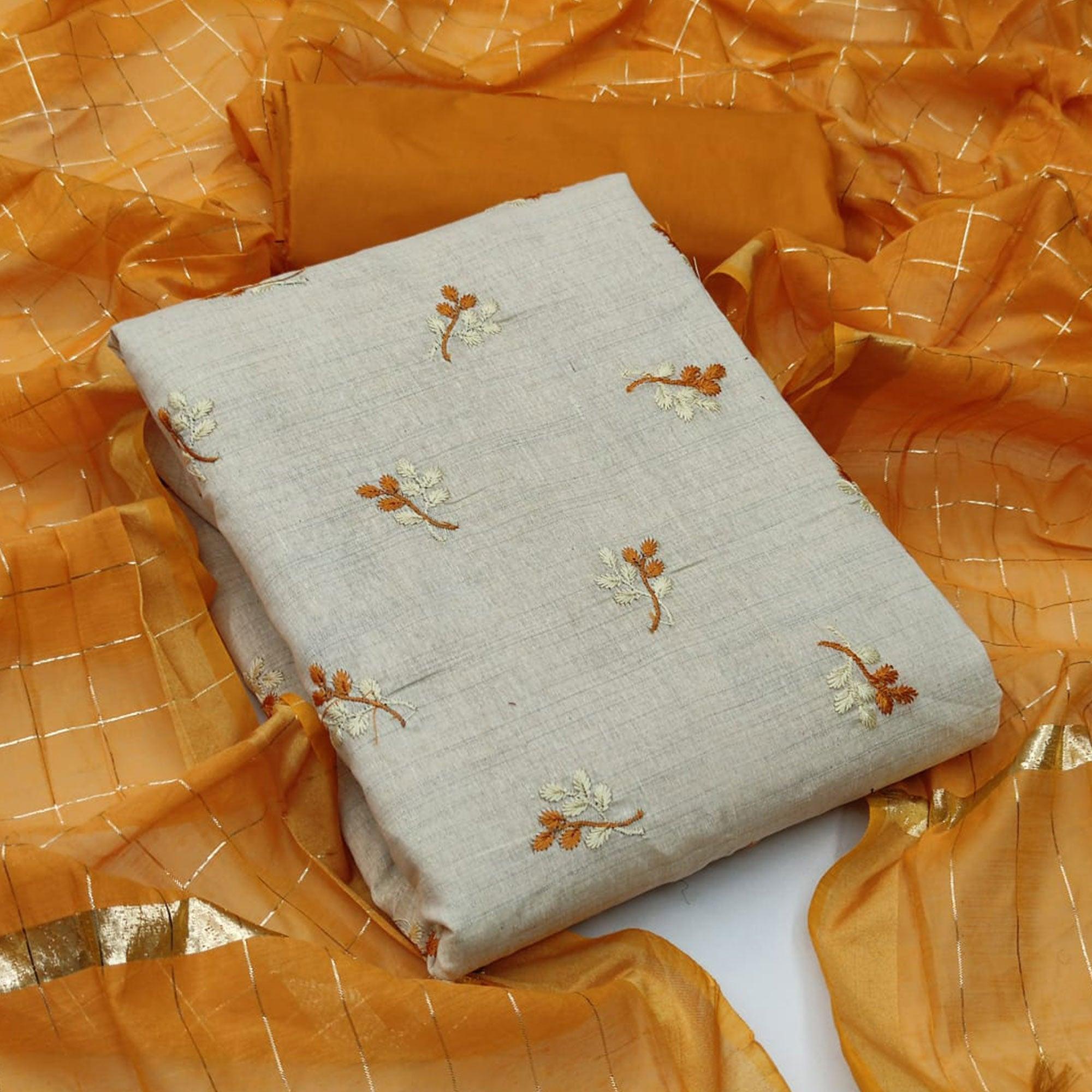 Offwhite - Mustard Yellow Casual Wear Embroidered Cotton Dress Material - Peachmode