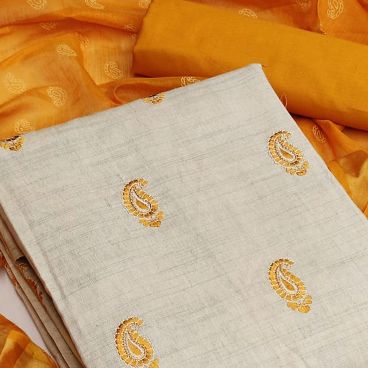 Offwhite - Mustard Yellow Casual Wear Printed Cotton Dress Material - Peachmode