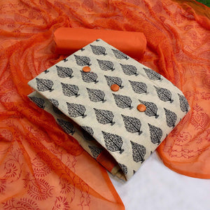 OffWhite - Orange Casual Wear Printed Cotton Dress Material - Peachmode