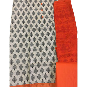 OffWhite - Orange Casual Wear Printed Cotton Dress Material - Peachmode