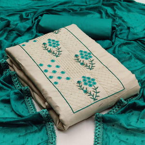 Offwhite Partywear Floral Embroidered Pure Silk Dress Material - Peachmode