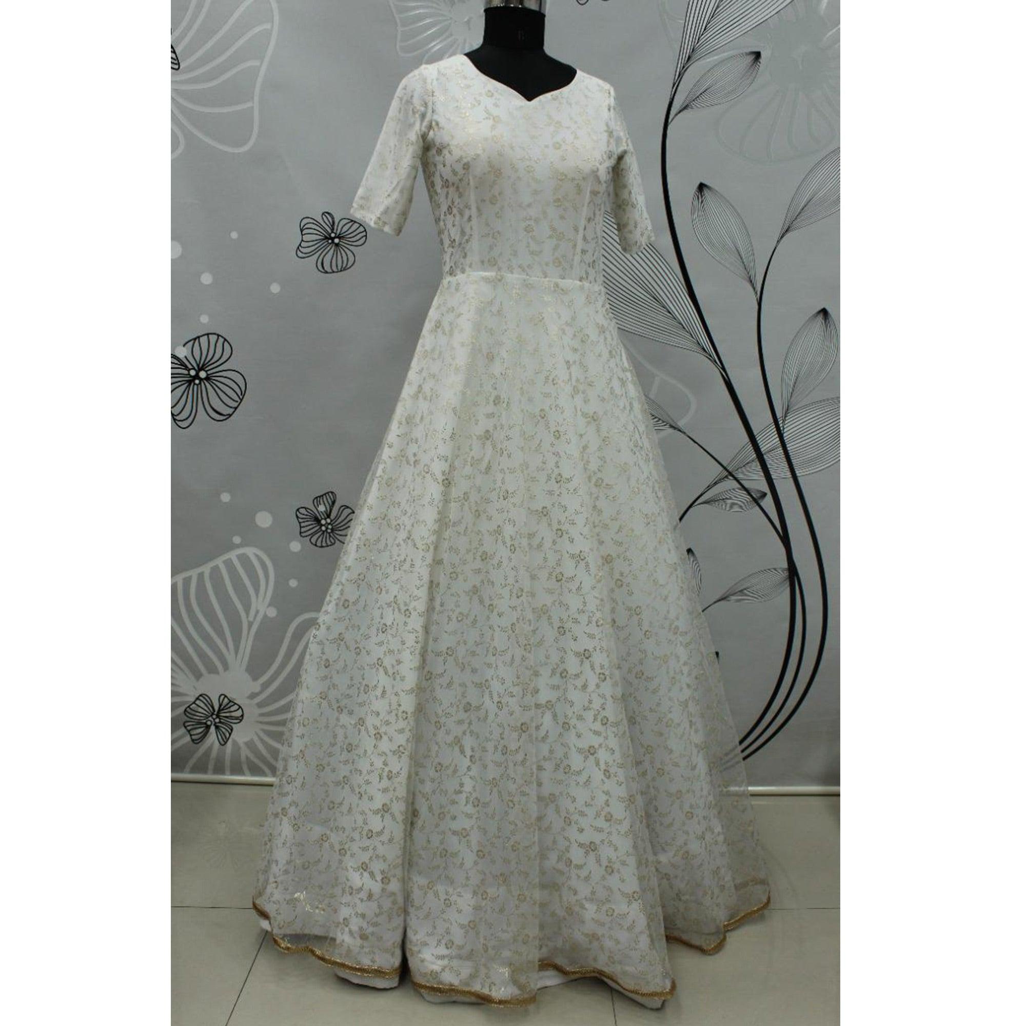 Offwhite Partywear Wear Foil Work Net Gown - Peachmode