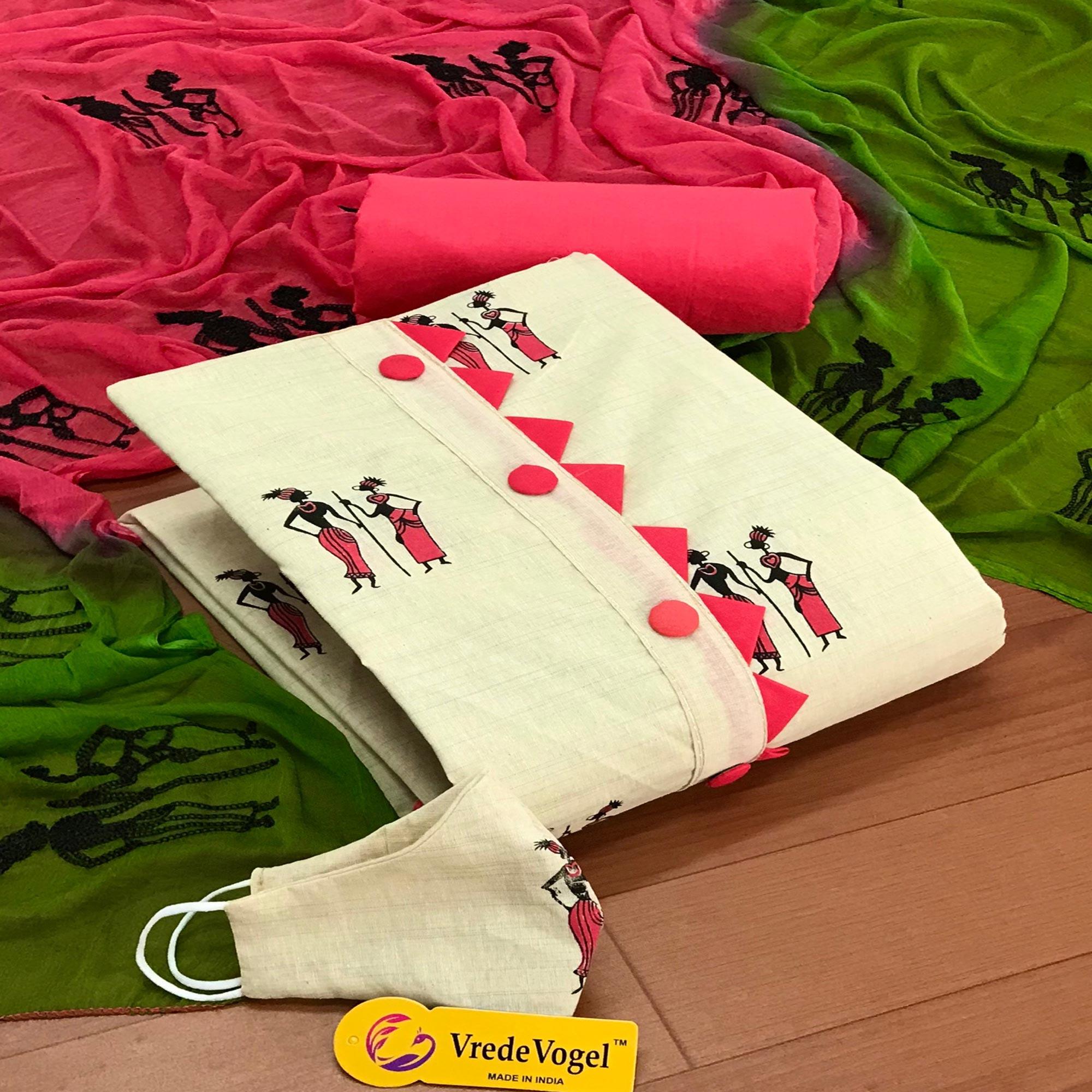 OffWhite - Pink Casual Wear Printed Cotton Dress Material - Peachmode