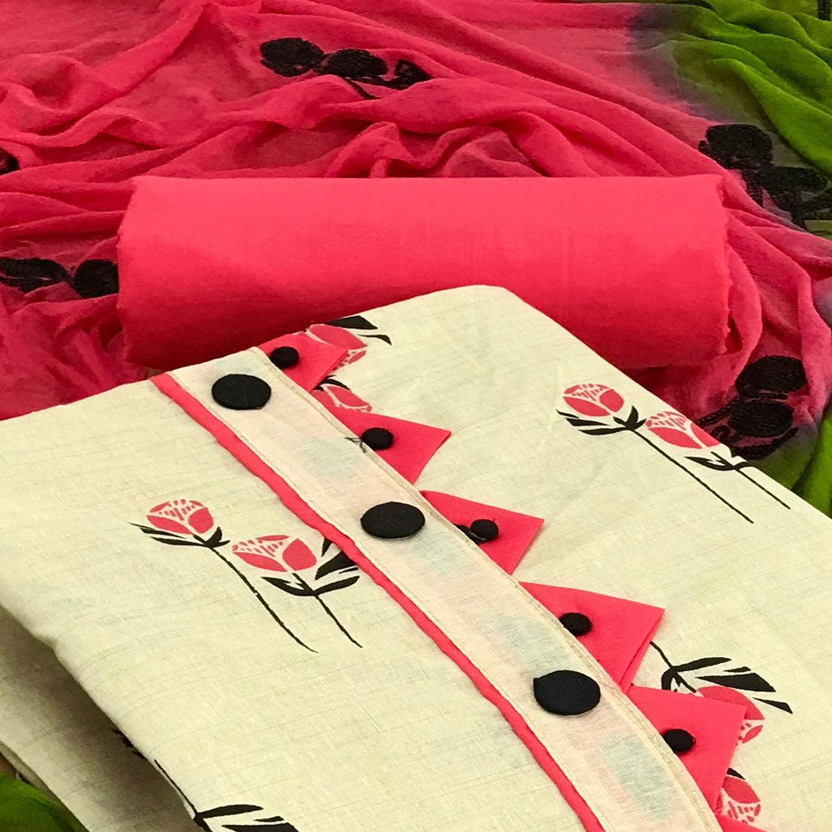 OffWhite - Pink Casual Wear Printed Cotton Dress Material - Peachmode