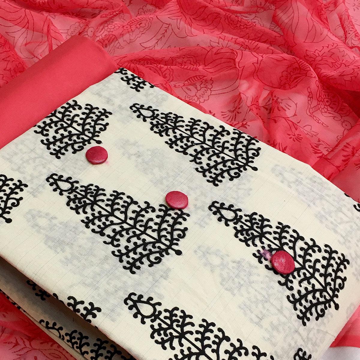 OffWhite - Pink Casual Wear Printed Cotton Dress Material - Peachmode