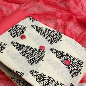 OffWhite - Pink Casual Wear Printed Cotton Dress Material - Peachmode