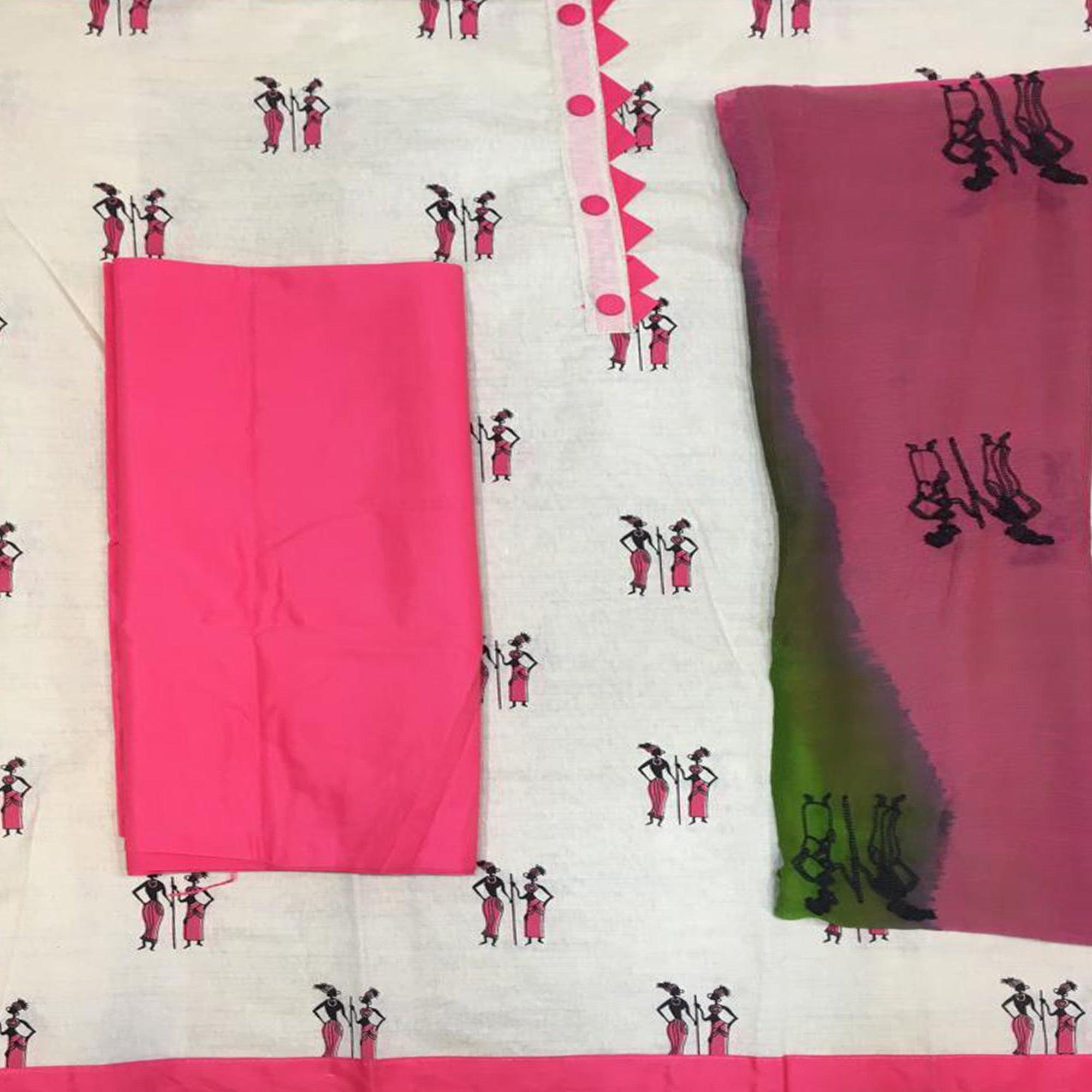 OffWhite - Pink Casual Wear Printed Cotton Dress Material - Peachmode