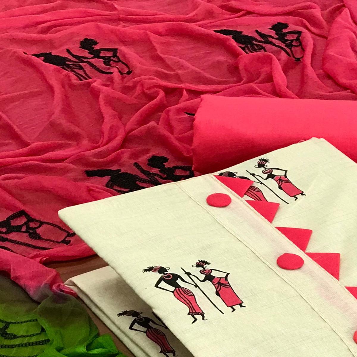 OffWhite - Pink Casual Wear Printed Cotton Dress Material - Peachmode