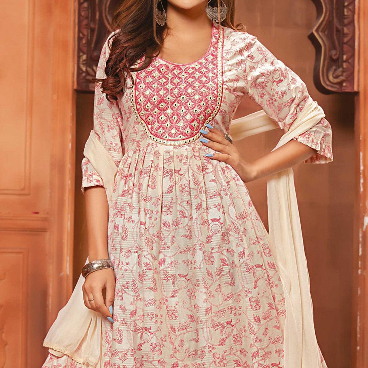 Offwhite-Pink Printed-Embroidered Poly Cotton Gown With Dupatta - Peachmode