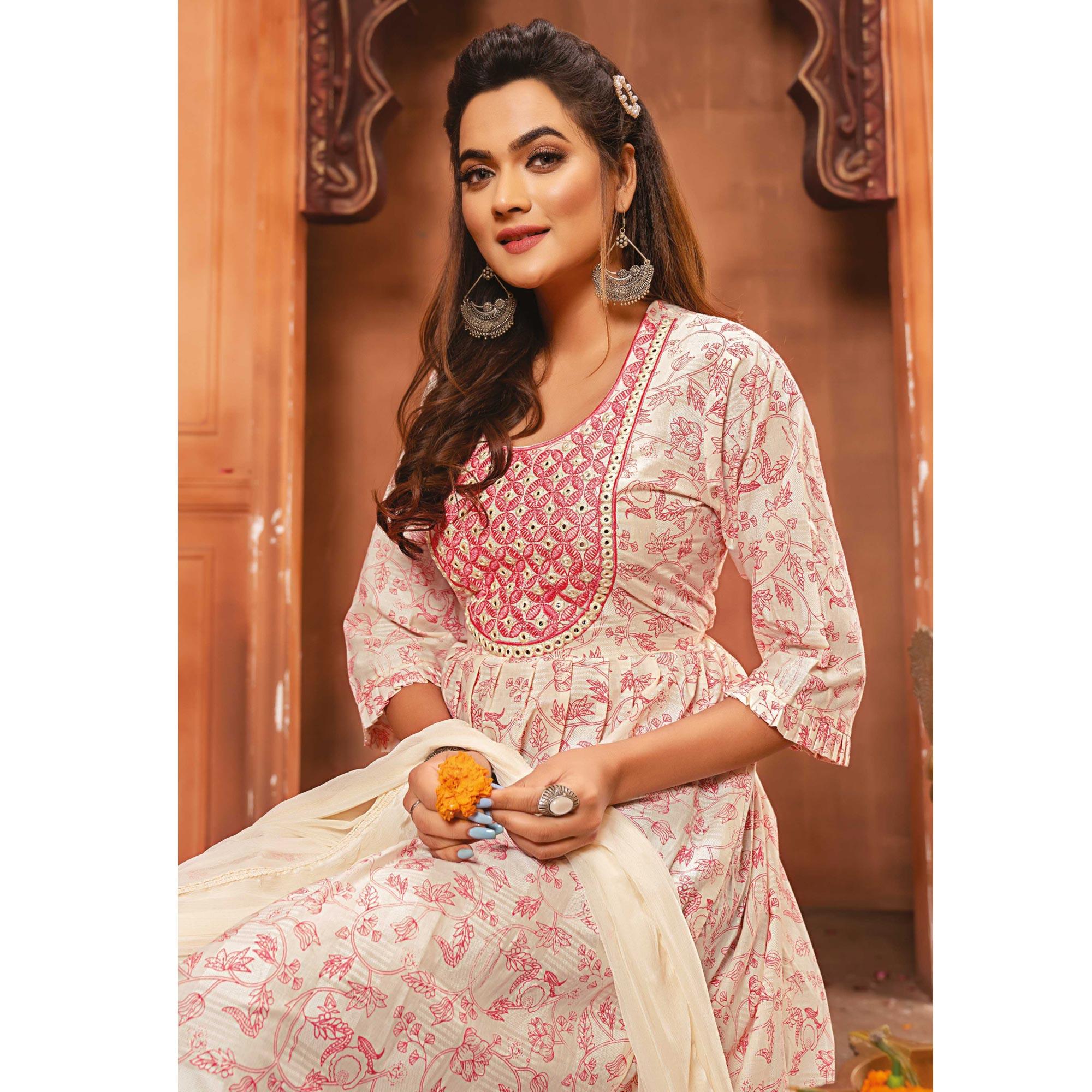 Offwhite-Pink Printed-Embroidered Poly Cotton Gown With Dupatta - Peachmode