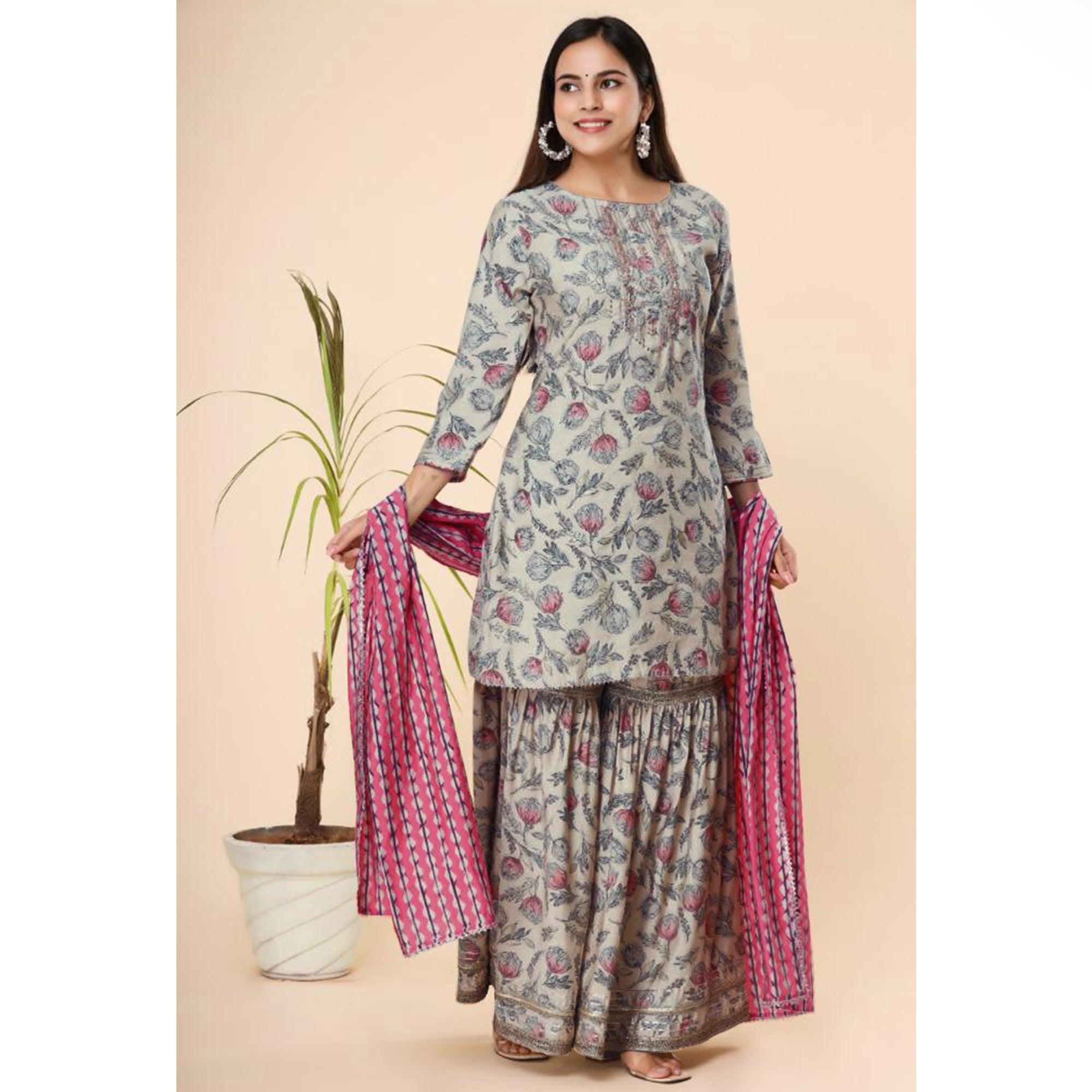 Offwhite Printed Cotton Silk Sharara Suit - Peachmode