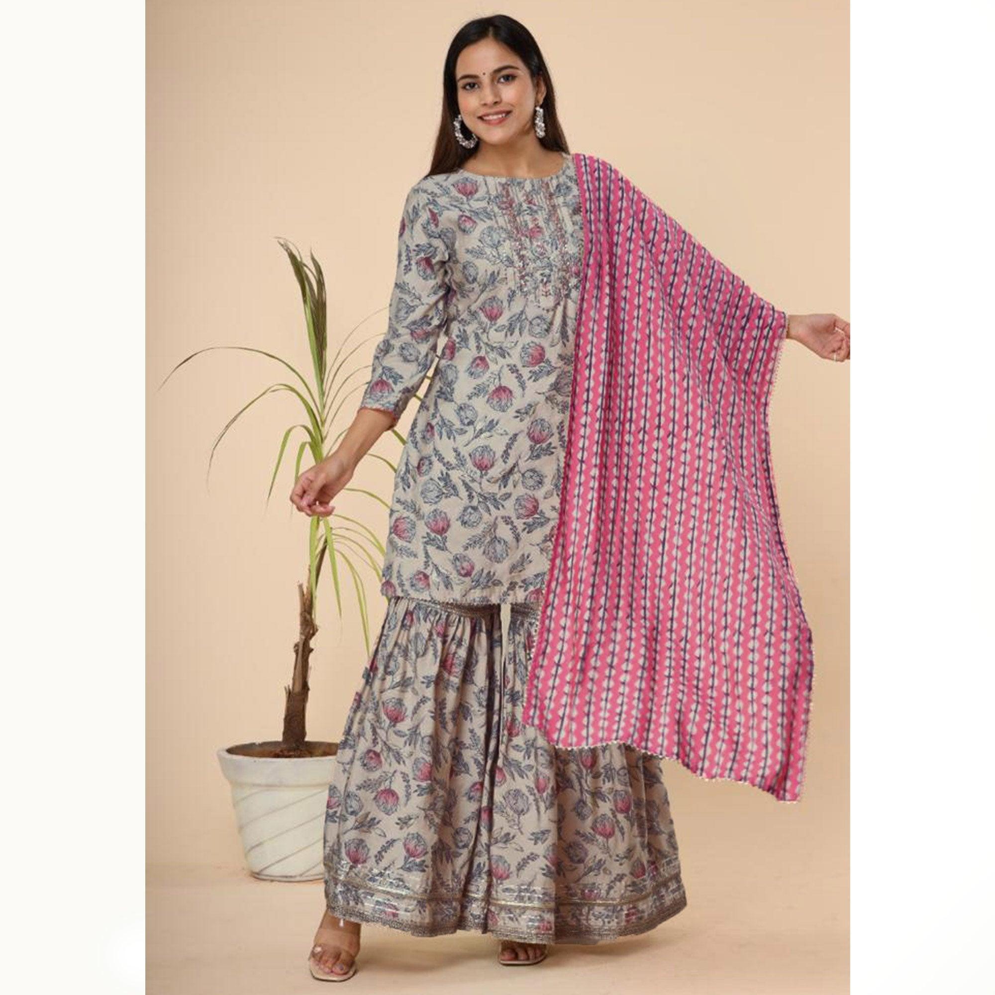 Offwhite Printed Cotton Silk Sharara Suit - Peachmode
