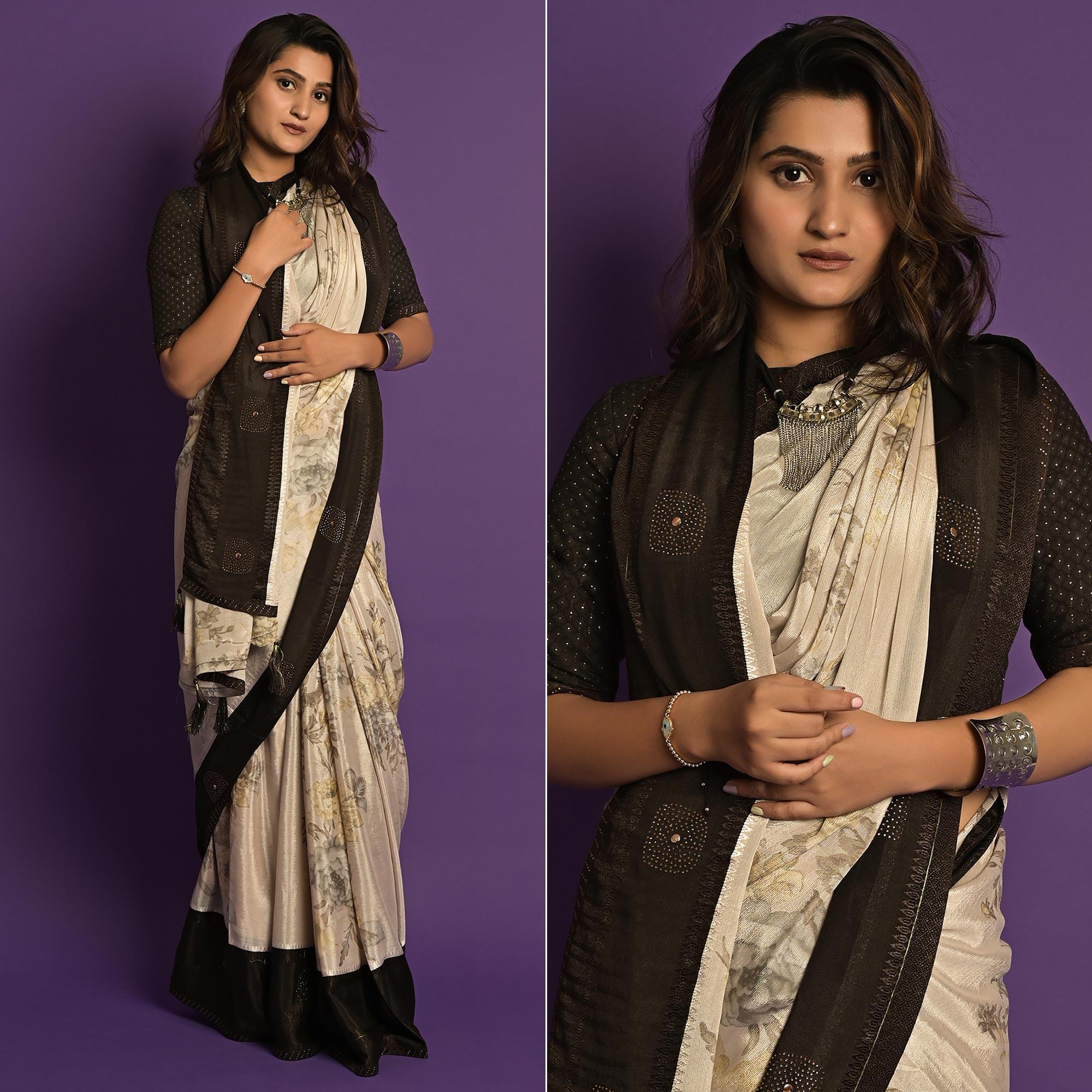 Offwhite Printed-Embellished Chiffon Saree - Peachmode
