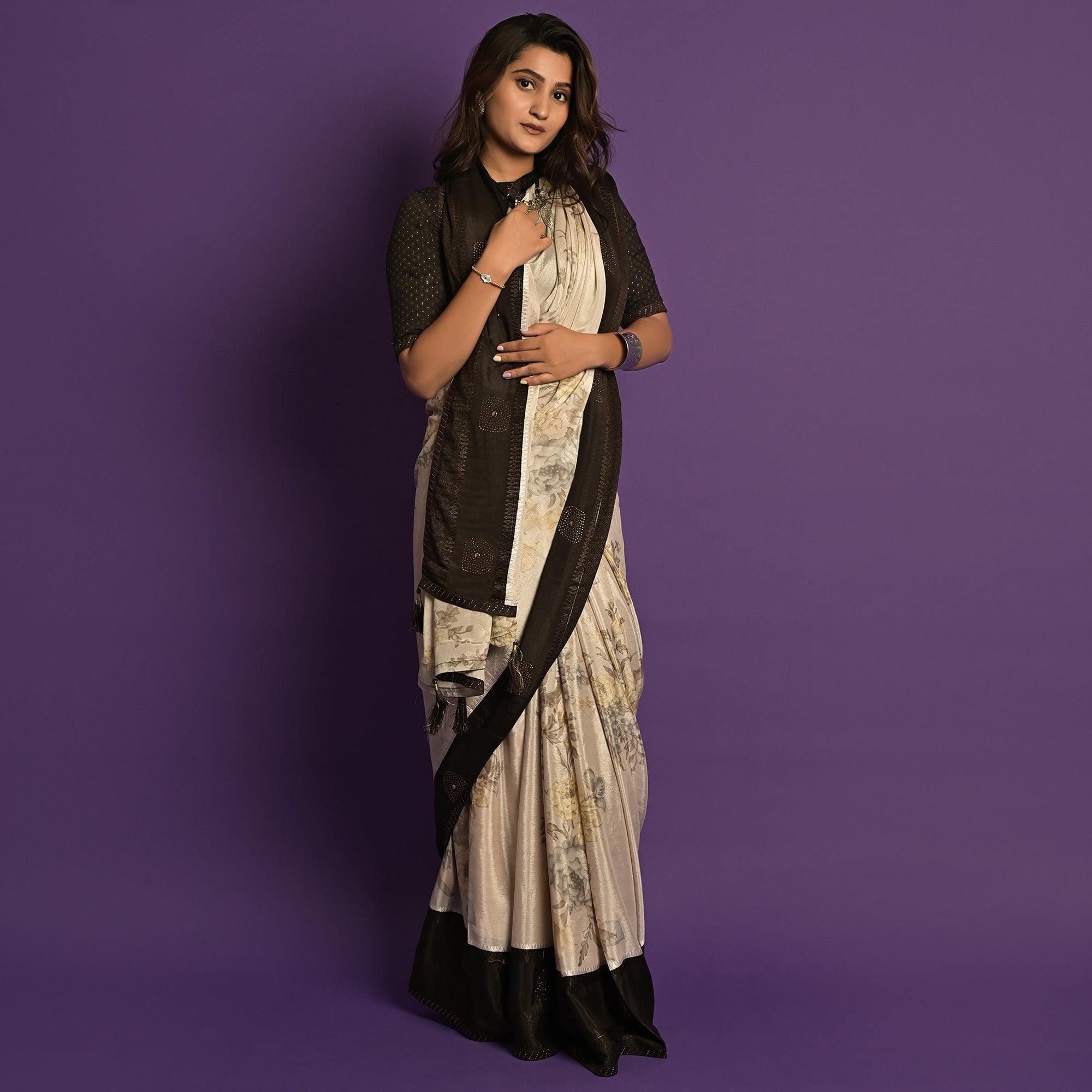 Offwhite Printed-Embellished Chiffon Saree - Peachmode