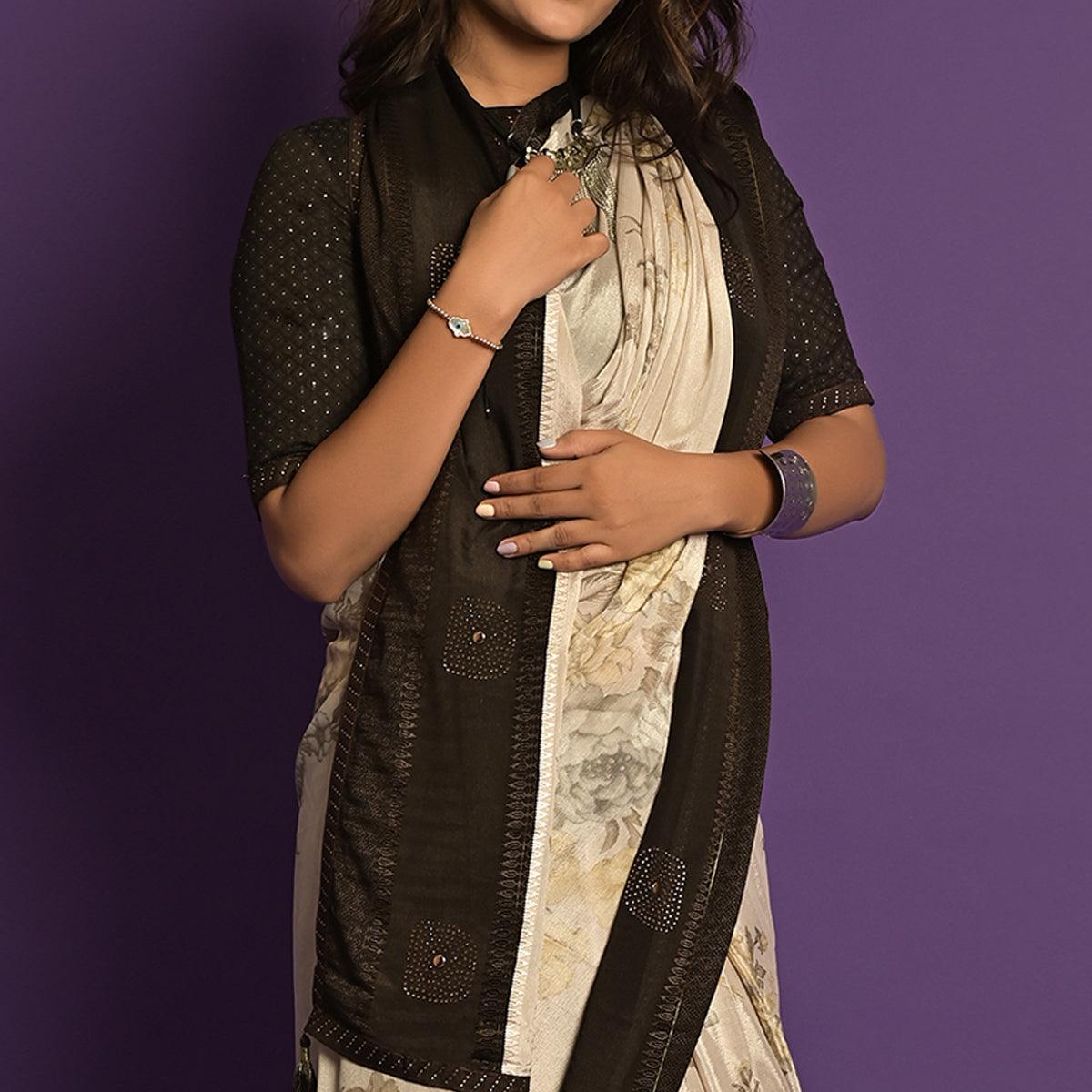 Offwhite Printed-Embellished Chiffon Saree - Peachmode