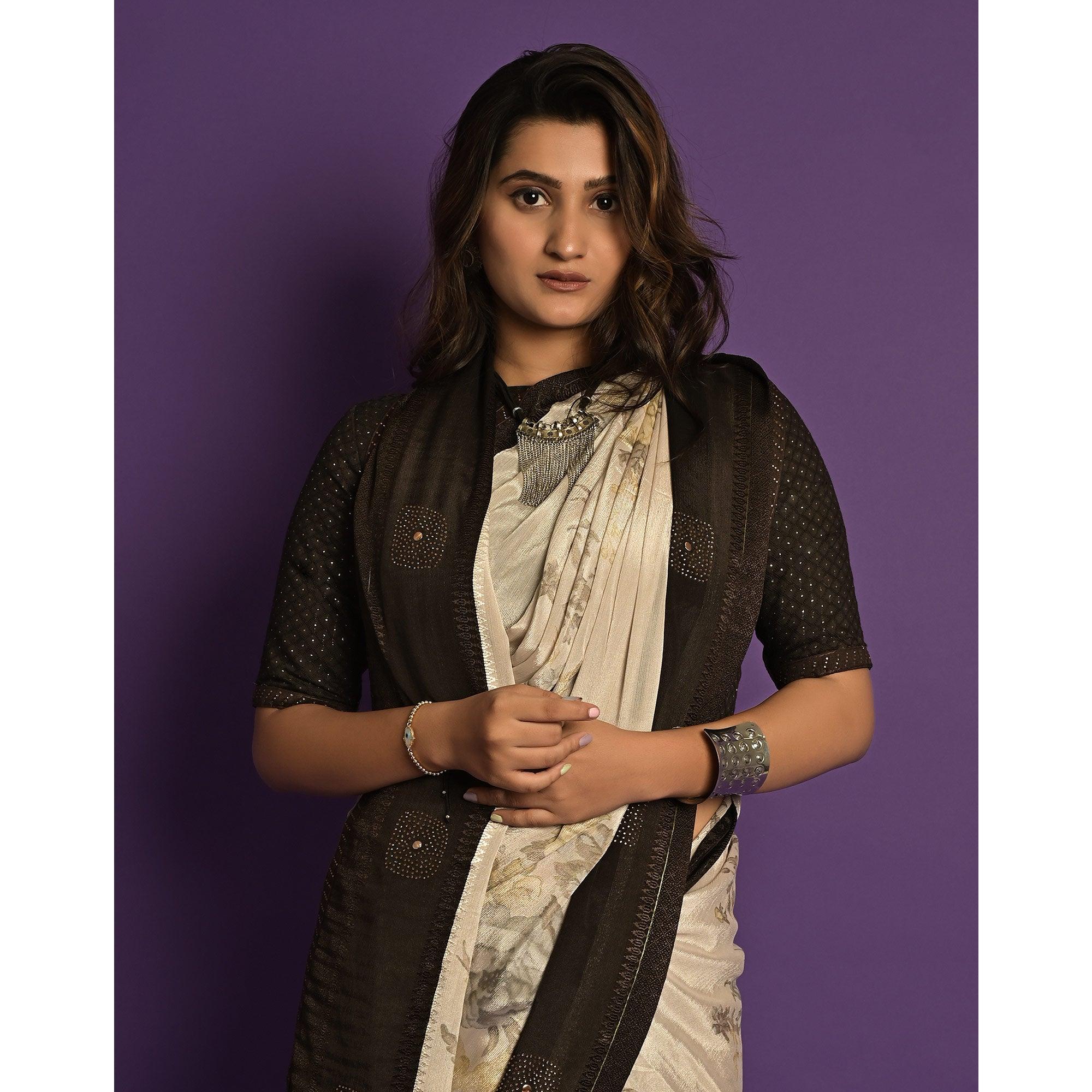 Offwhite Printed-Embellished Chiffon Saree - Peachmode