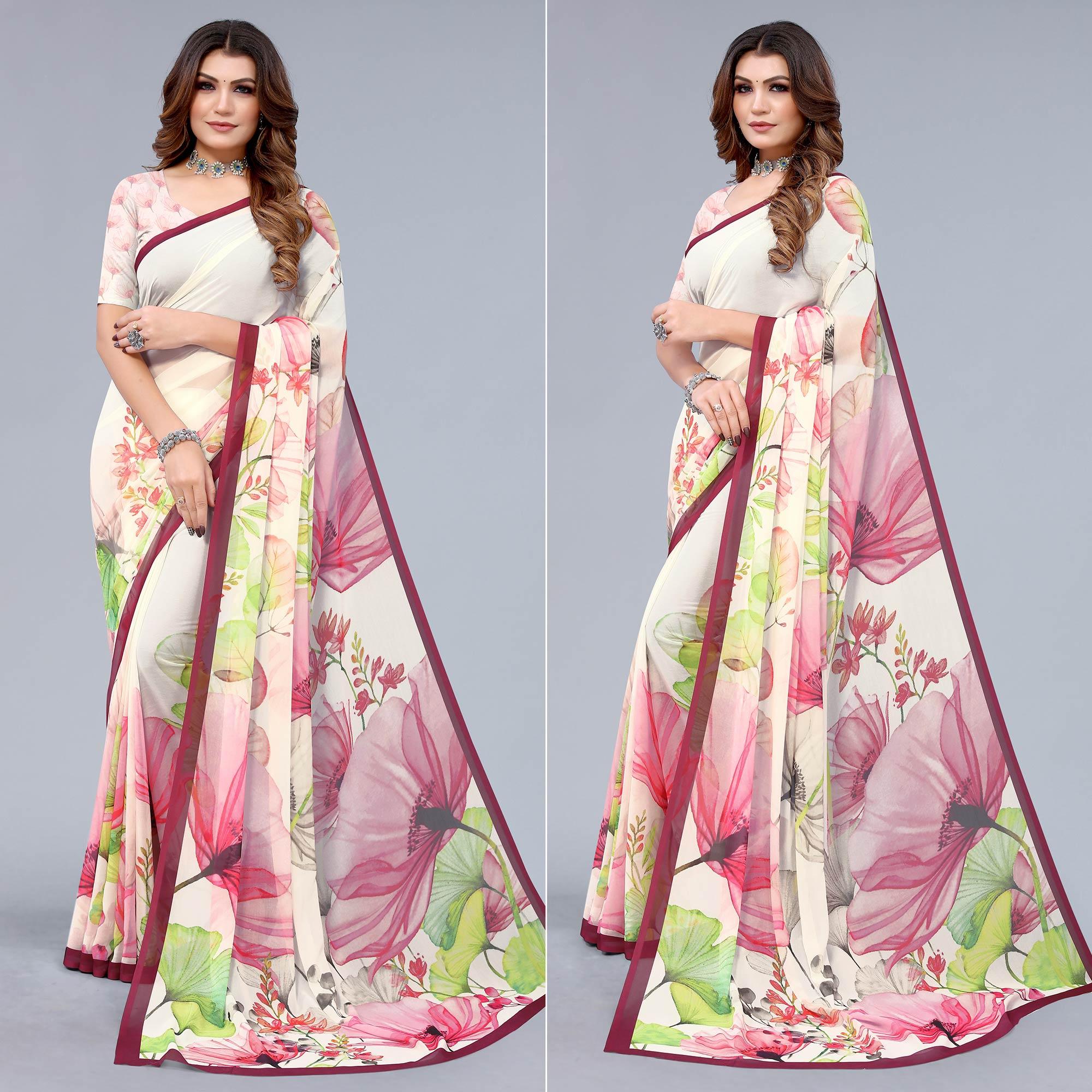 Offwhite Printed Georgette Saree - Peachmode