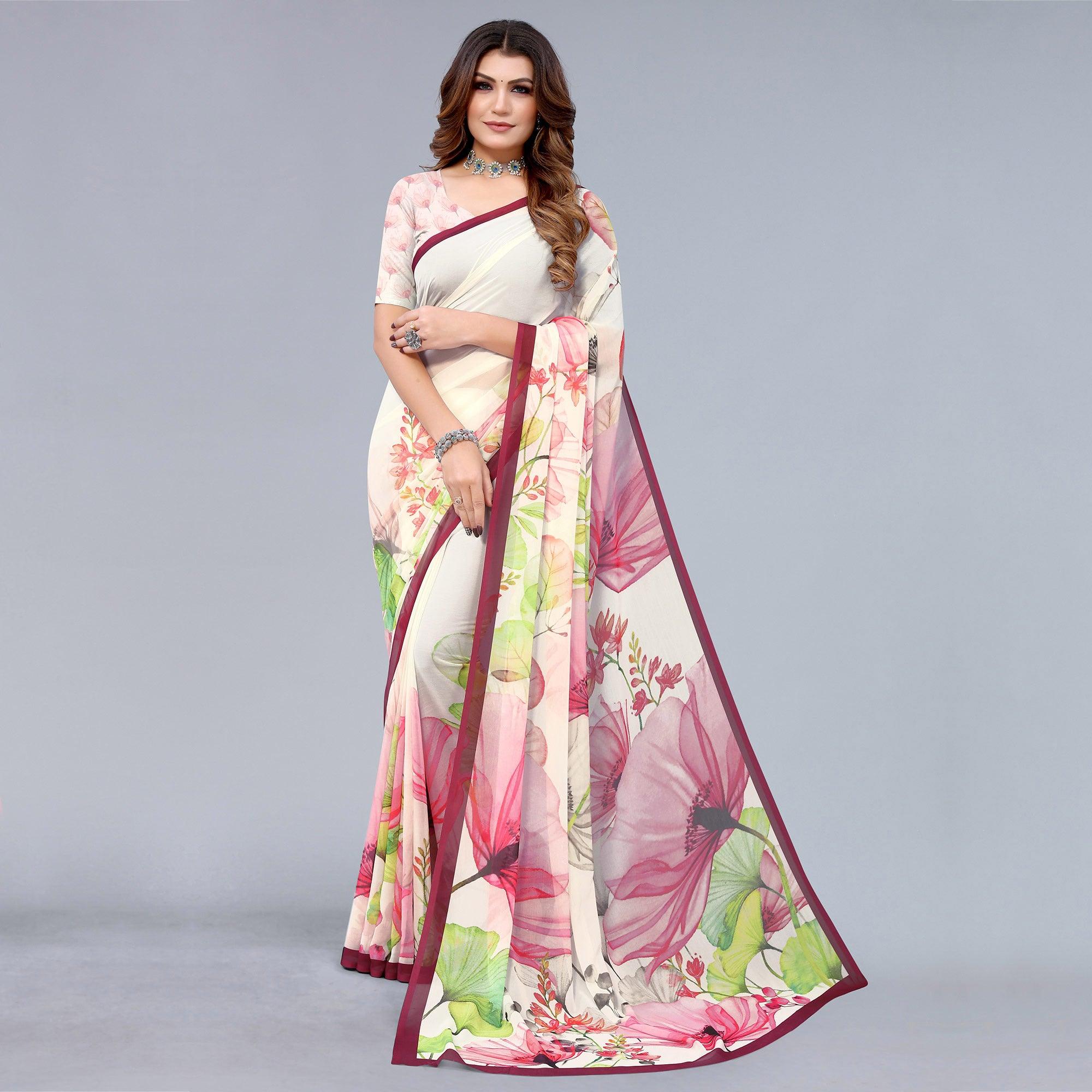 Offwhite Printed Georgette Saree - Peachmode