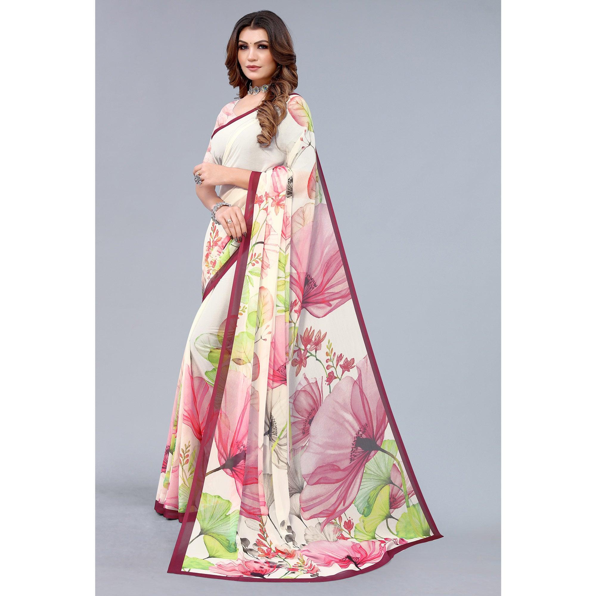 Offwhite Printed Georgette Saree - Peachmode