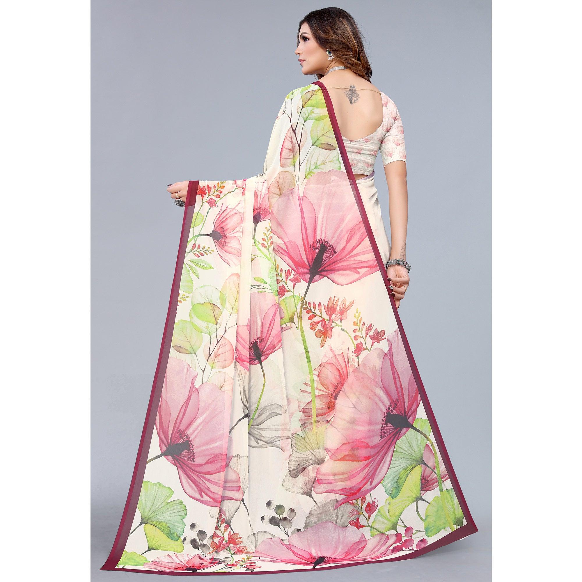 Offwhite Printed Georgette Saree - Peachmode