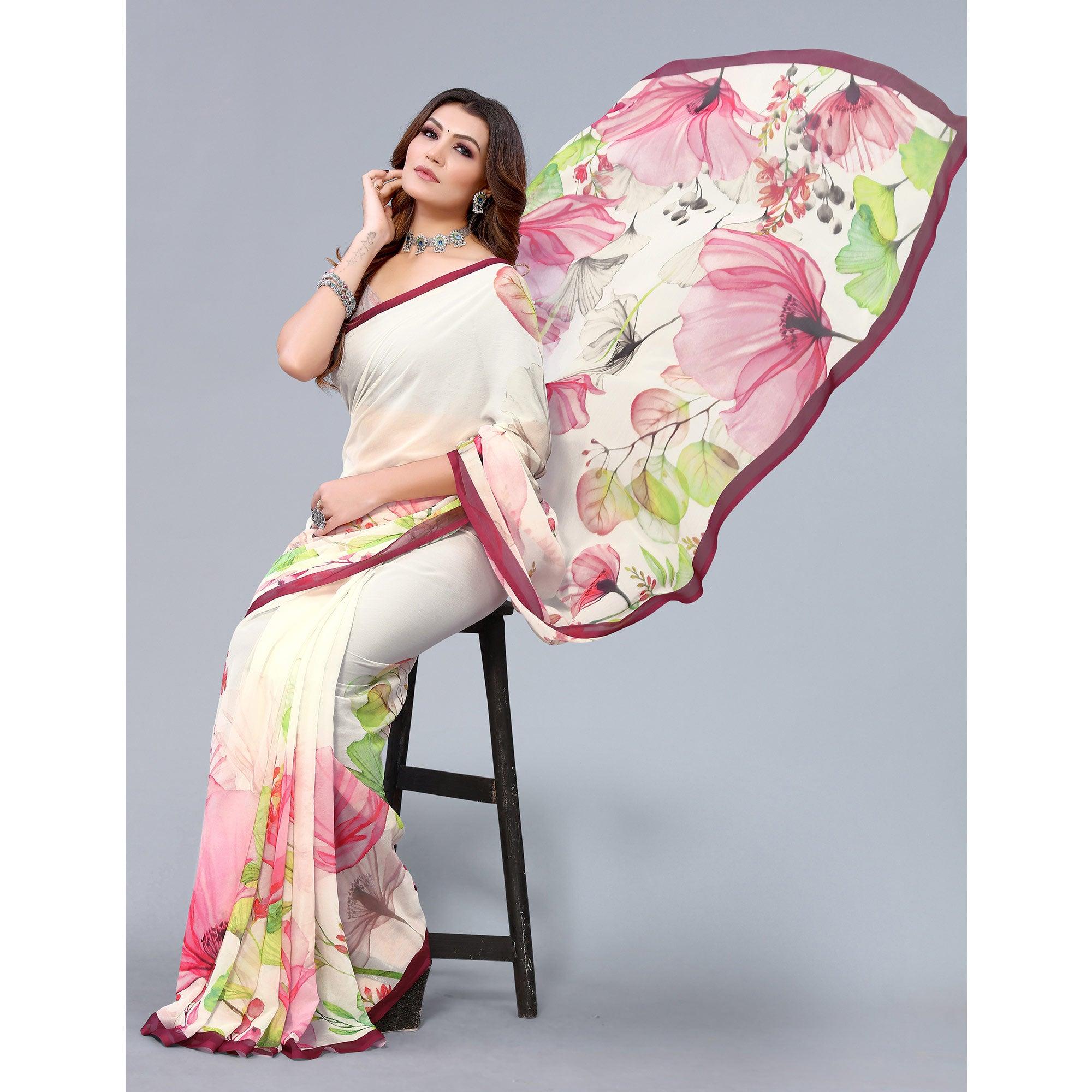 Offwhite Printed Georgette Saree - Peachmode