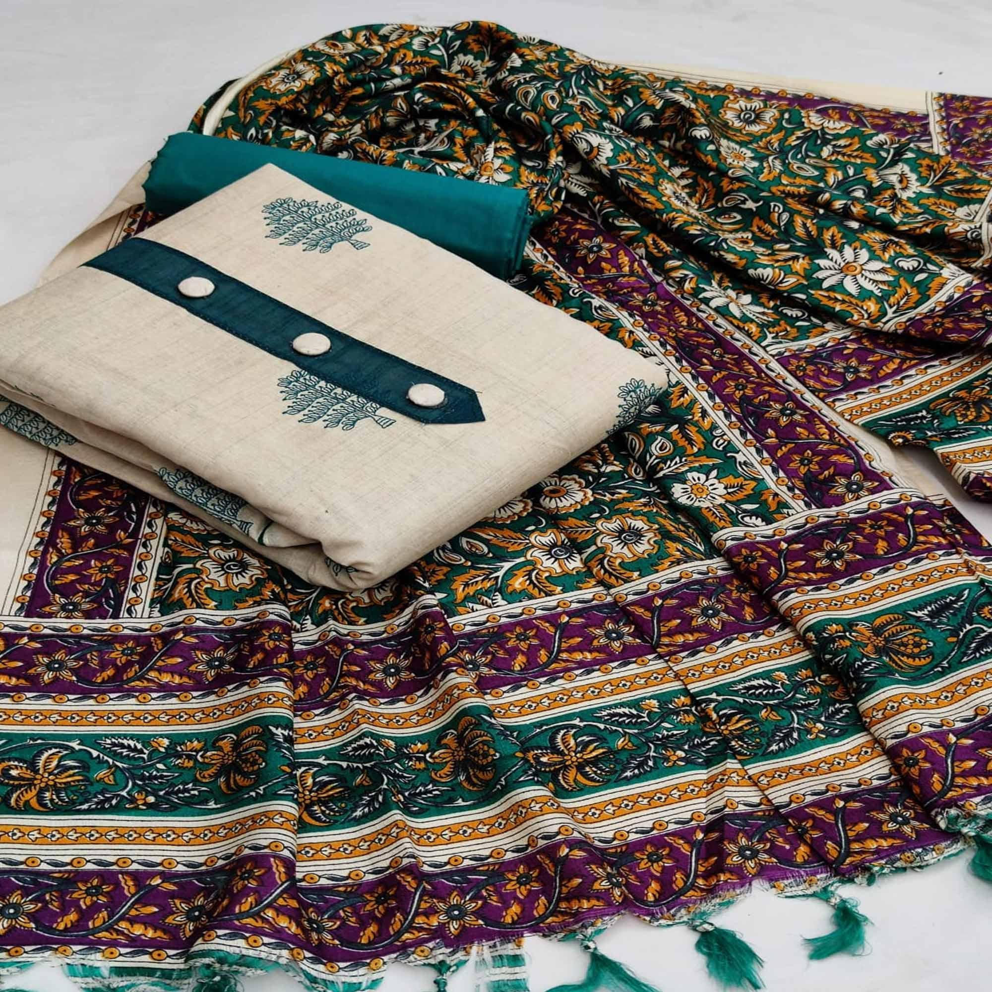 Offwhite - Rama Casual Wear Printed Cotton Dress Material - Peachmode