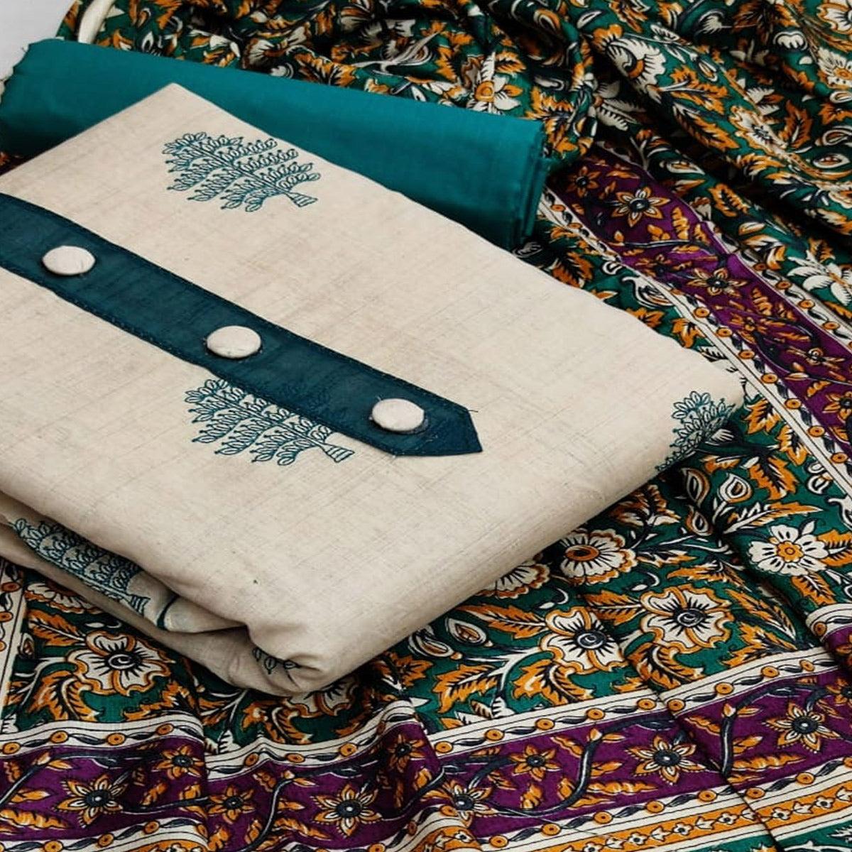 Offwhite - Rama Casual Wear Printed Cotton Dress Material - Peachmode