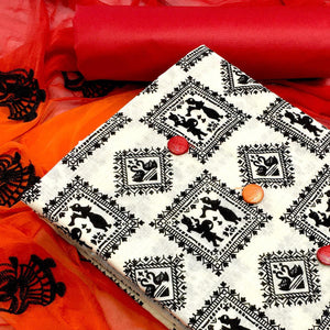 OffWhite - Red Casual Wear Printed Cotton Dress Material - Peachmode