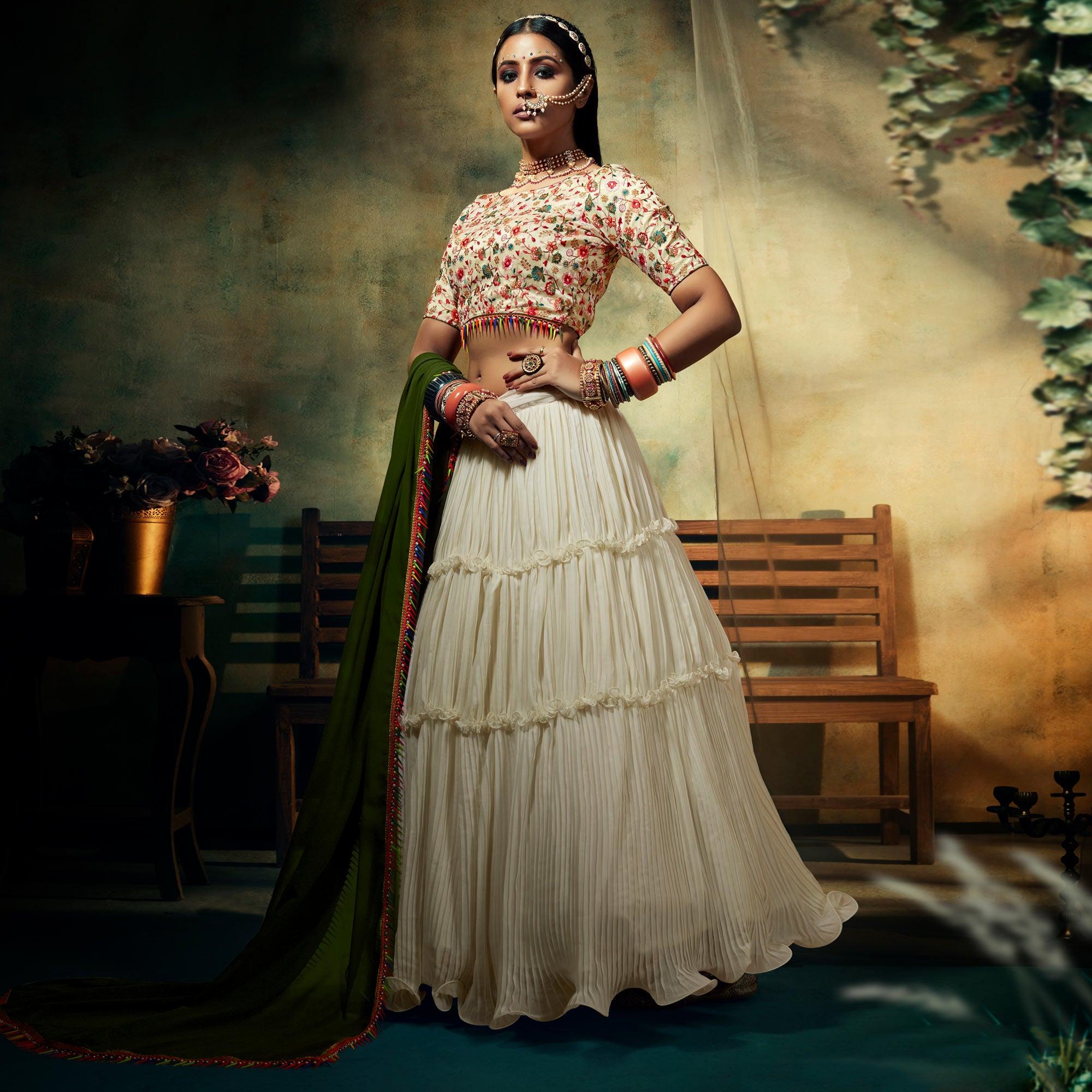 Offwhite Solid Georgette Lehenga Choli - Peachmode