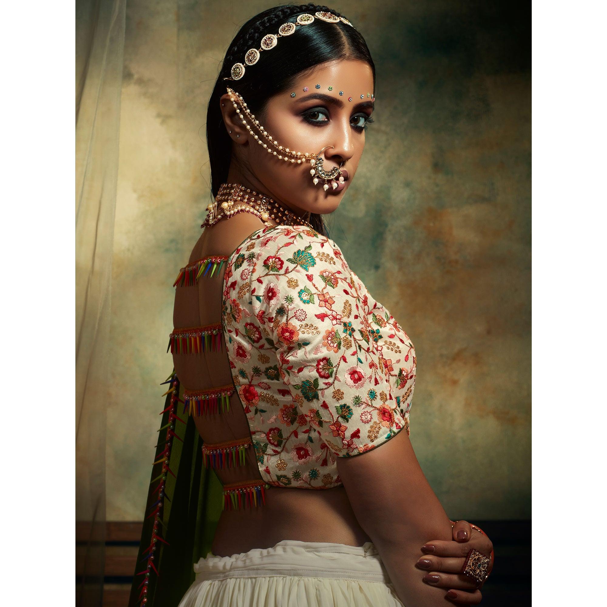 Offwhite Solid Georgette Lehenga Choli - Peachmode
