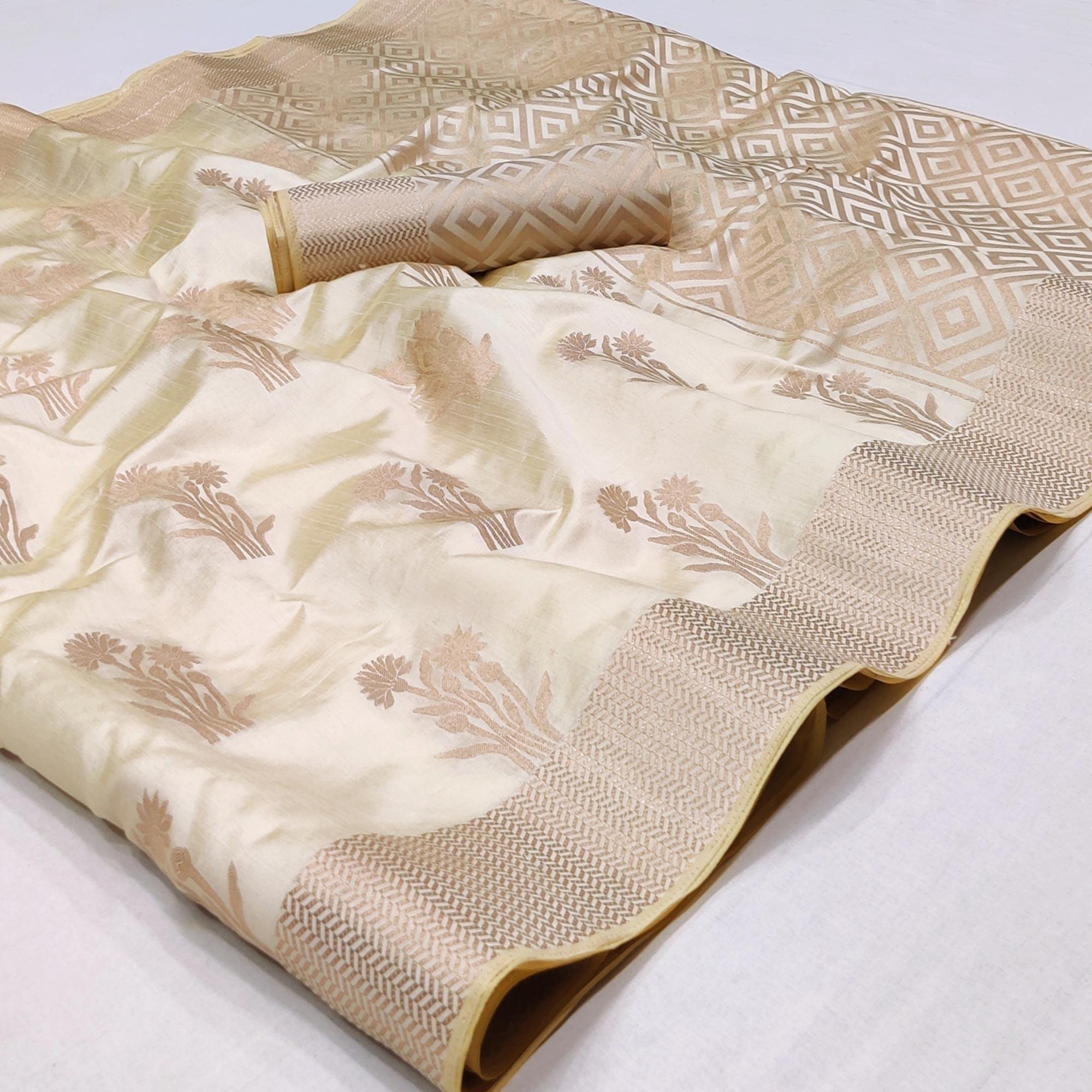 Offwhite Woven Raw Silk Saree - Peachmode