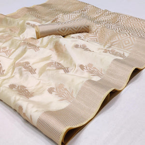 Offwhite Woven Raw Silk Saree - Peachmode