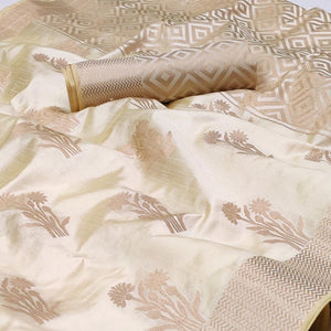 Offwhite Woven Raw Silk Saree - Peachmode