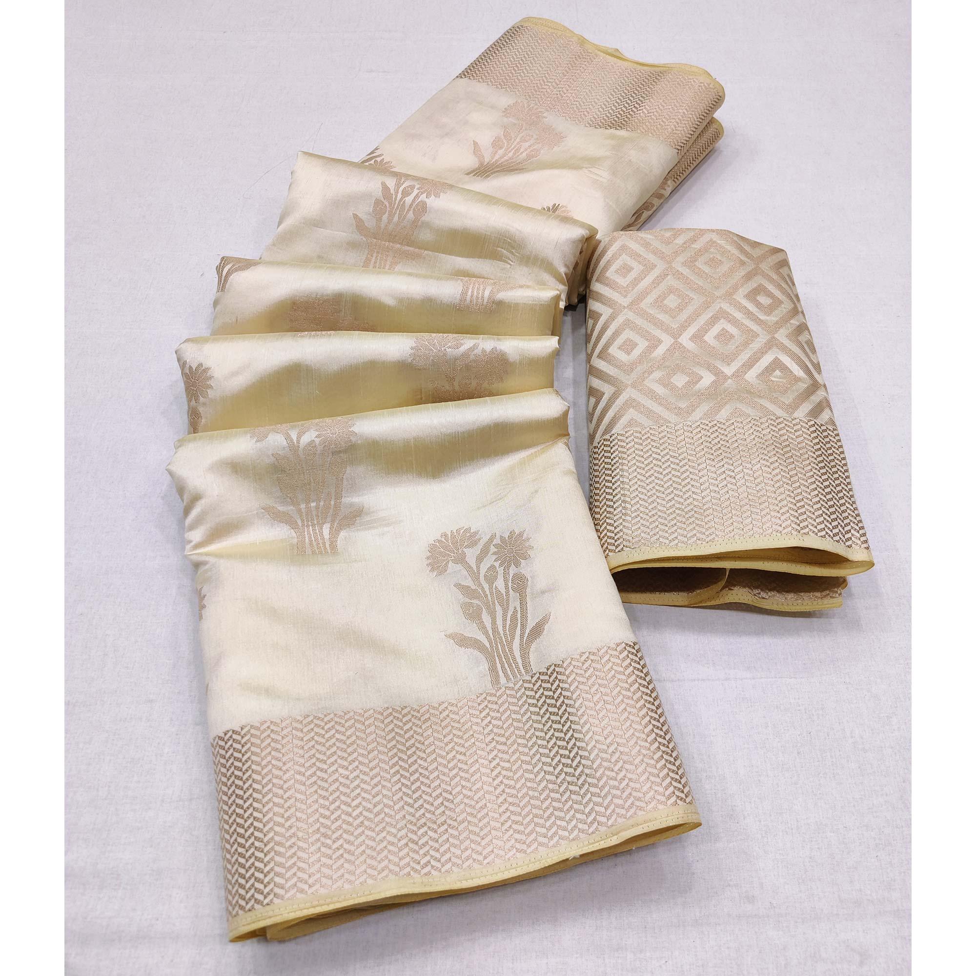 Offwhite Woven Raw Silk Saree - Peachmode