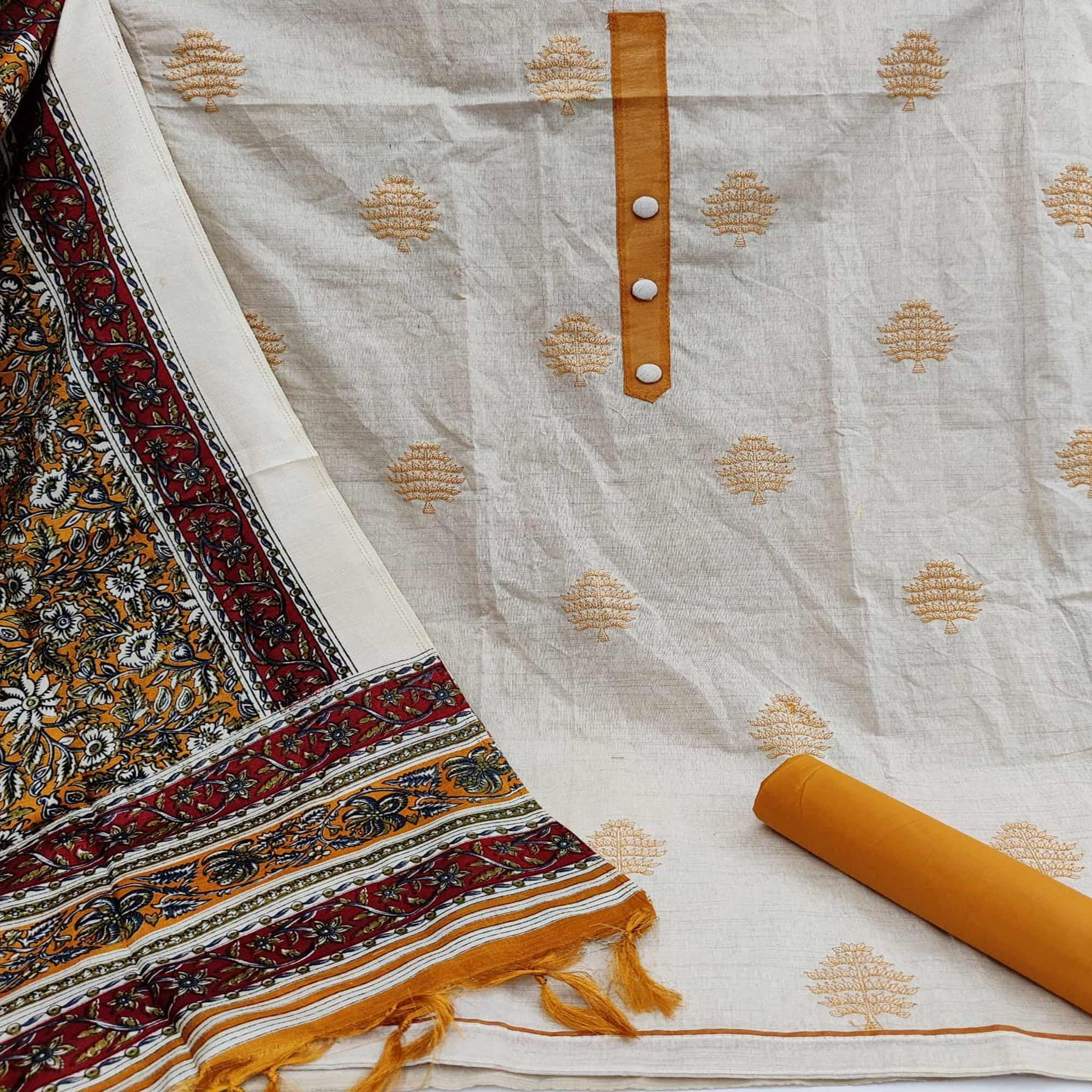 Offwhite - Yellow Casual Wear Printed Cotton Dress Material - Peachmode