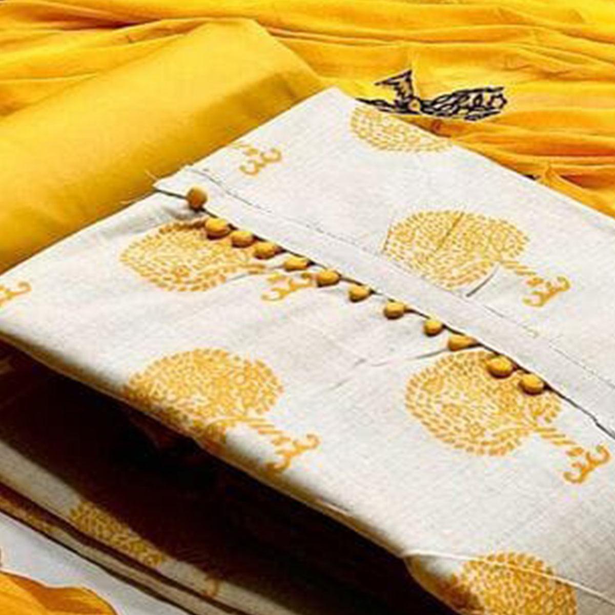 OffWhite - Yellow Casual Wear Printed Cotton Dress Material - Peachmode