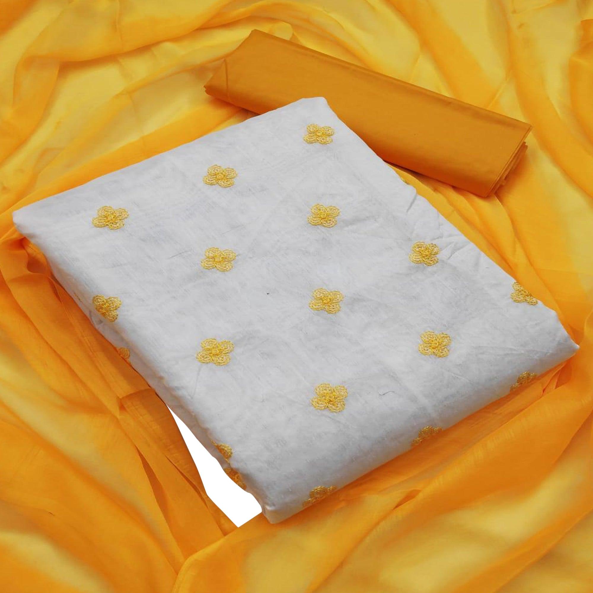 Offwhite - Yellow Embroidered Chanderi Dress Material - Peachmode