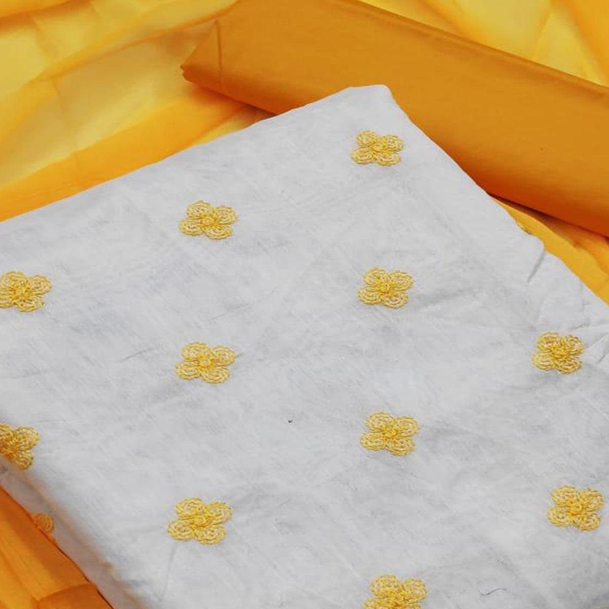 Offwhite - Yellow Embroidered Chanderi Dress Material - Peachmode