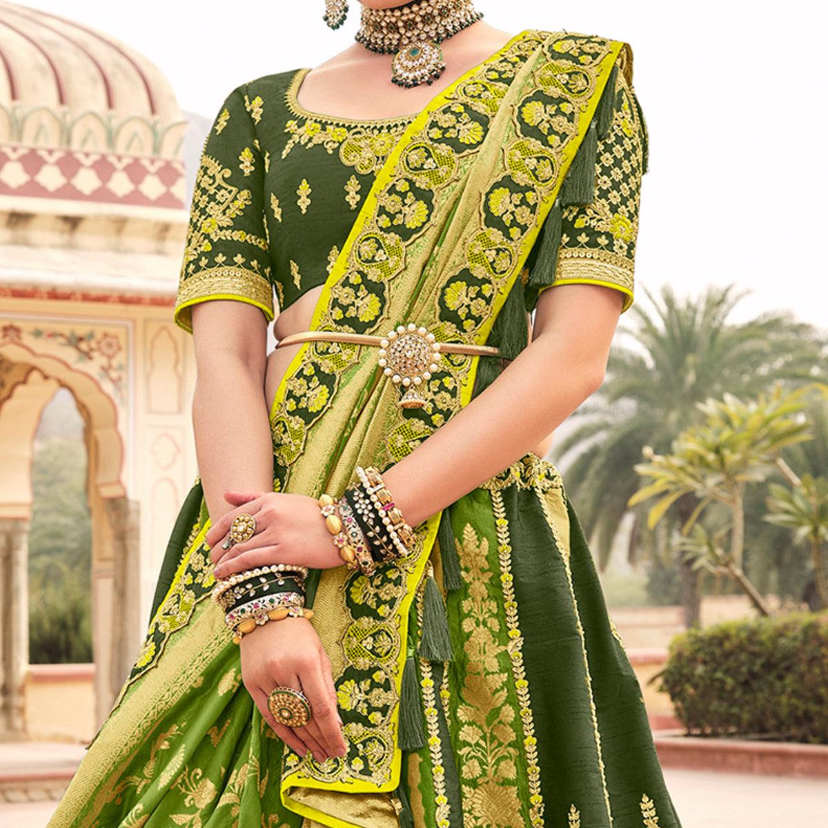 Olive & Mint Green Wedding Wear Woven-Embellished Banarasi Silk Lehenga Choli - Peachmode