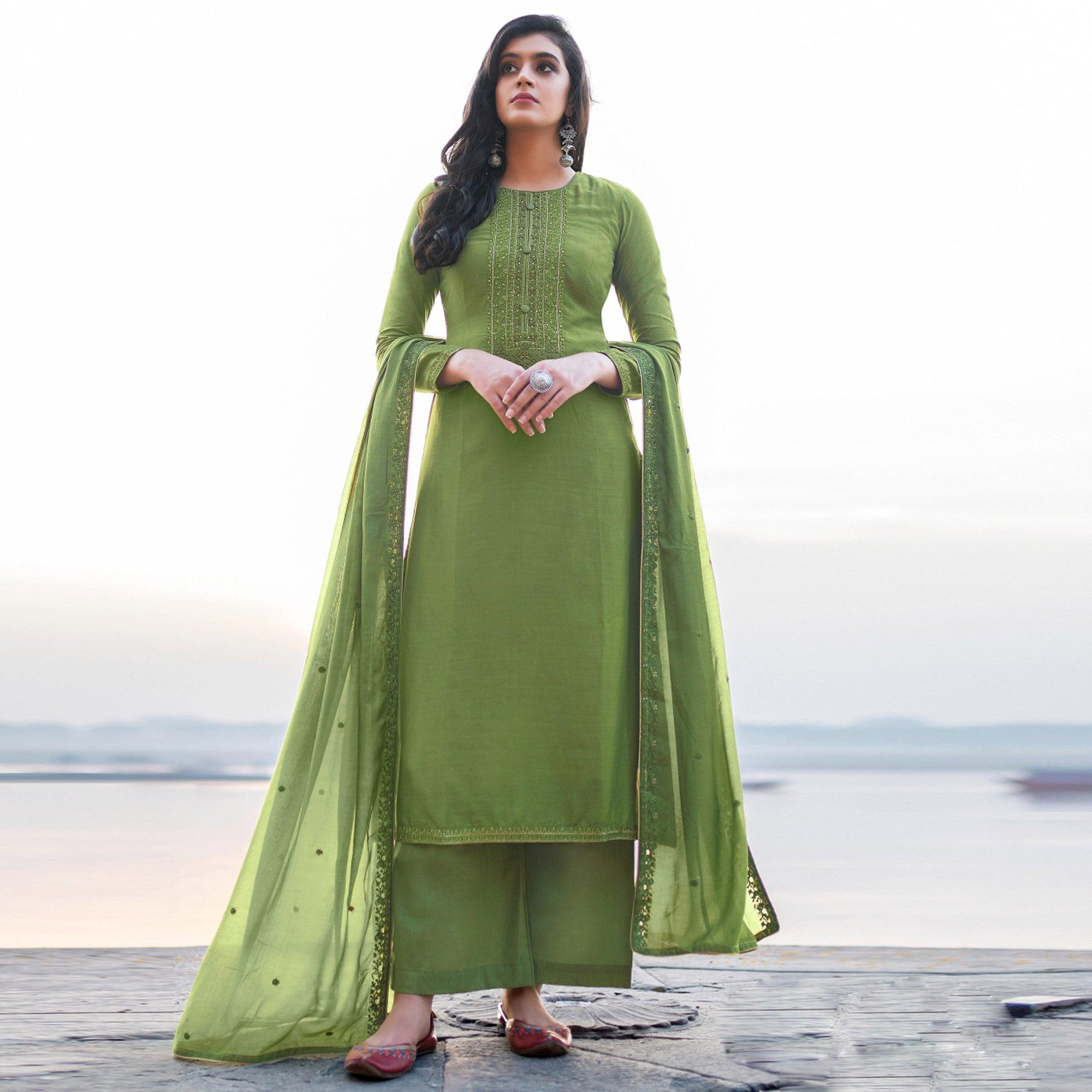 Olive Drab Emboidered Designer Georgette Partywear Suit - Peachmode