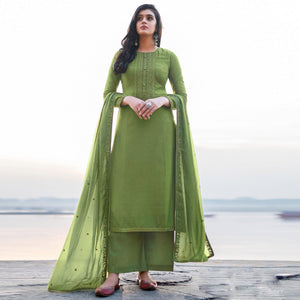 Olive Drab Emboidered Designer Georgette Partywear Suit - Peachmode
