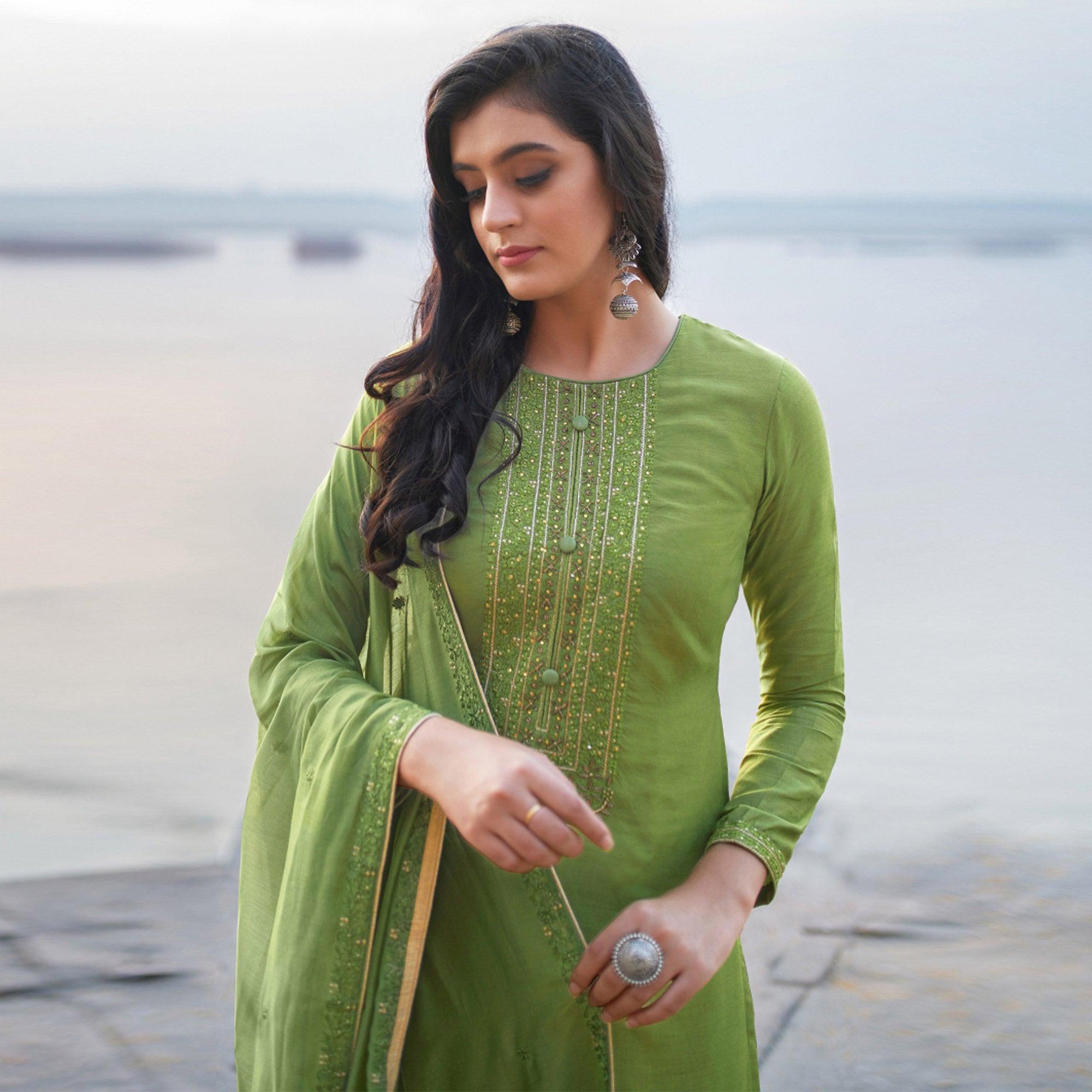 Olive Drab Emboidered Designer Georgette Partywear Suit - Peachmode